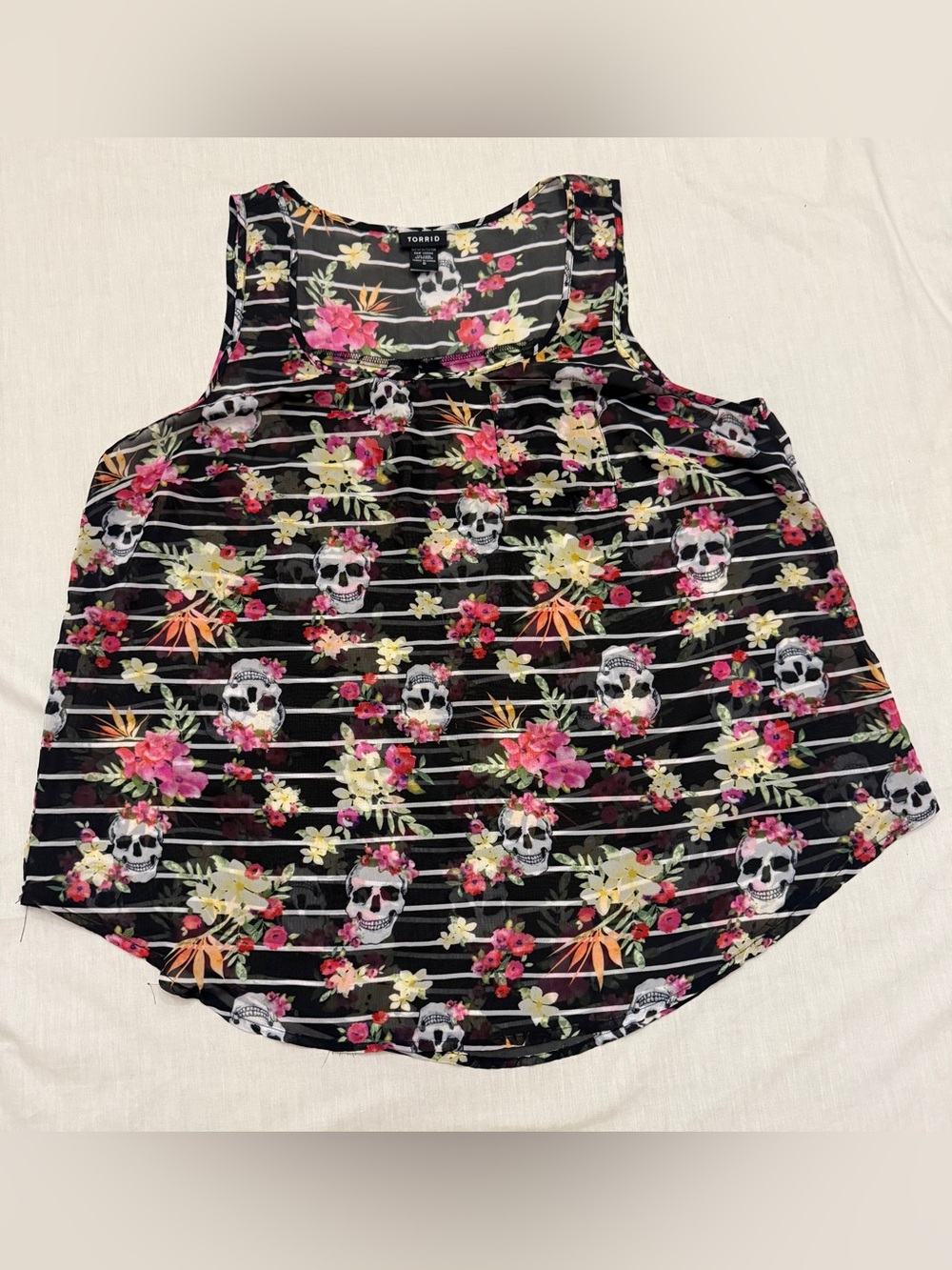 torrid Black Floral Skull Tank with Pink & Yellow Accents